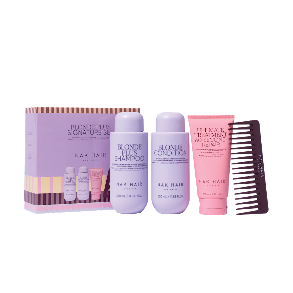 NAK Blonde Plus Shampoo, Conditioner 350ml + Treatment 150ml + Hair Comb