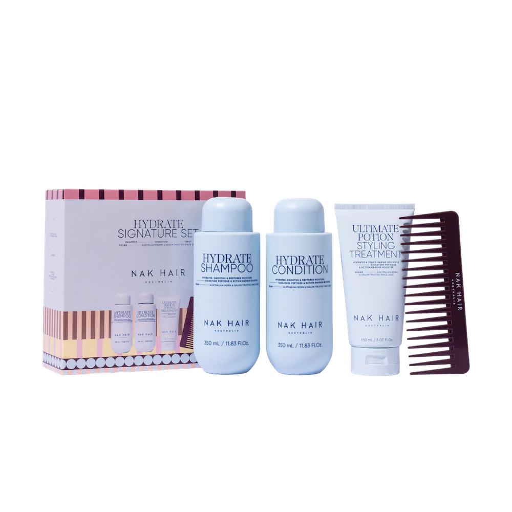 NAK Hydrate Shampoo, Conditioner 350ml, Treatment 150ml & Hair Comb