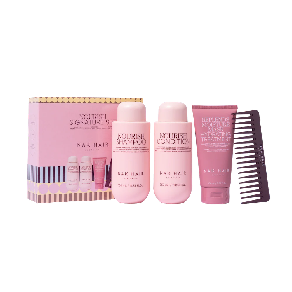 NAK Nourish Trio Shampoo, Conditioner 350ml, Treatment 150ml & Hair Comb
